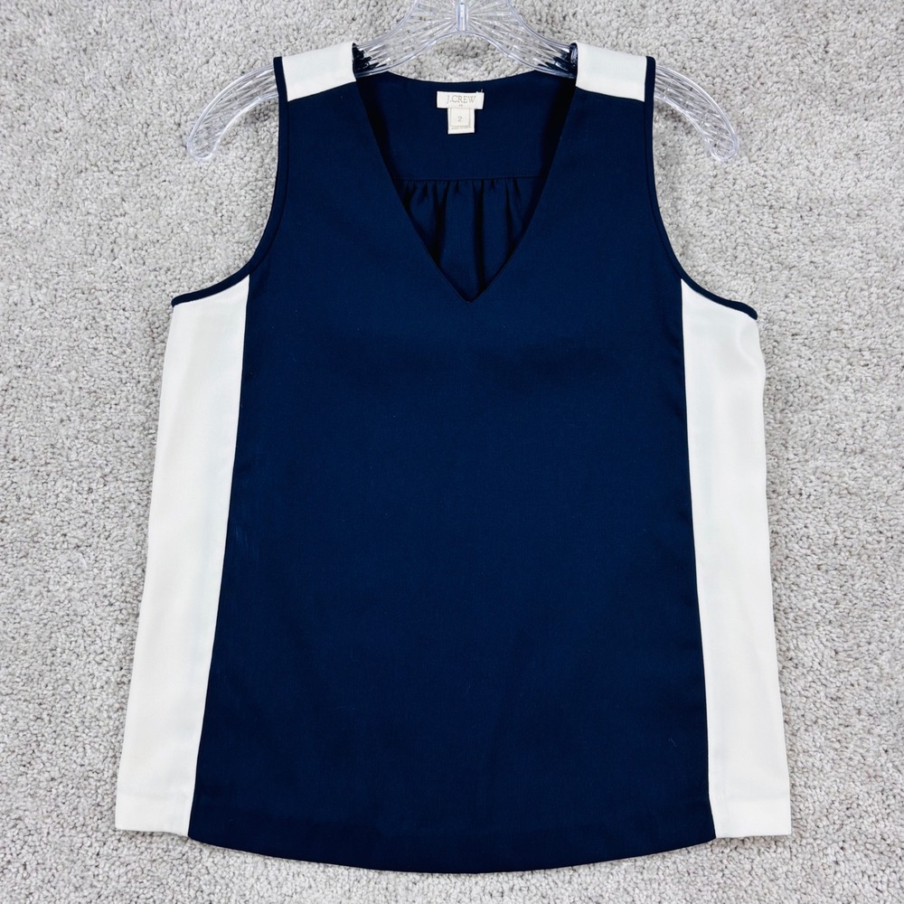 J.Crew Womens Navy Blue White Colorblock Sleeveless V-Neck‎ Shell Top Size 2
